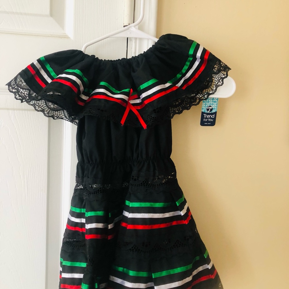 Black Off-Shoulder Kids Dress with Red & Green Trim